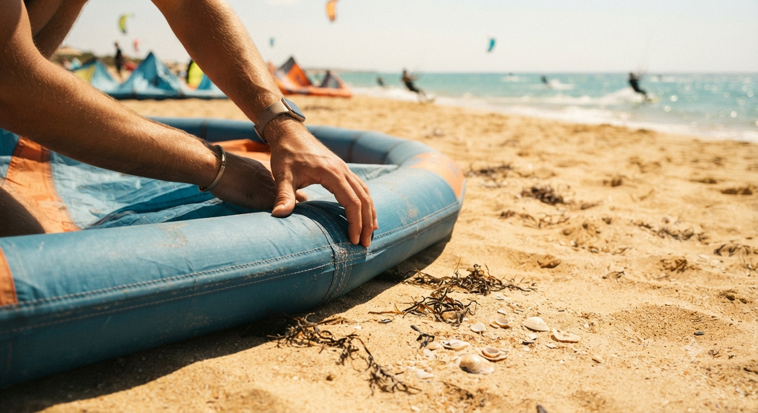 A kitesurfer's hand is inspecting the dacron-reinforced leading edge seam, checking for wear