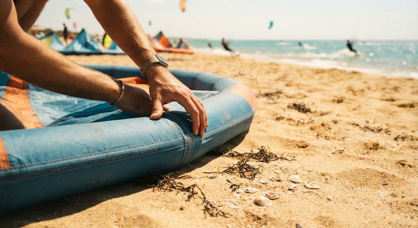 A kitesurfer's hand is inspecting the dacron-reinforced leading edge seam, checking for wear