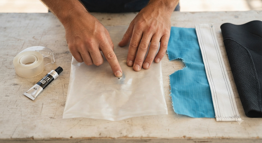  someone's hands applying a small patch of clear repair tape onto a deflated kite bladder