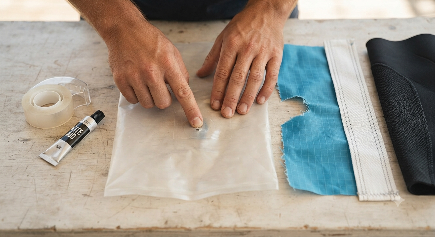  someone's hands applying a small patch of clear repair tape onto a deflated kite bladder